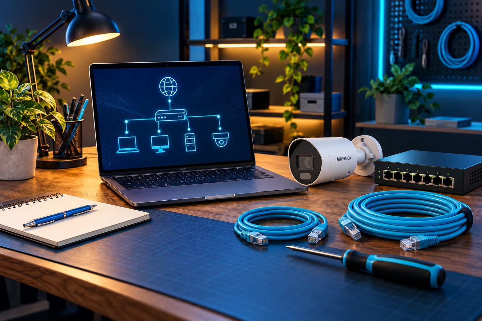 Illustration de l’atelier Academy avec ordinateur, caméra Hikvision et matériel réseau